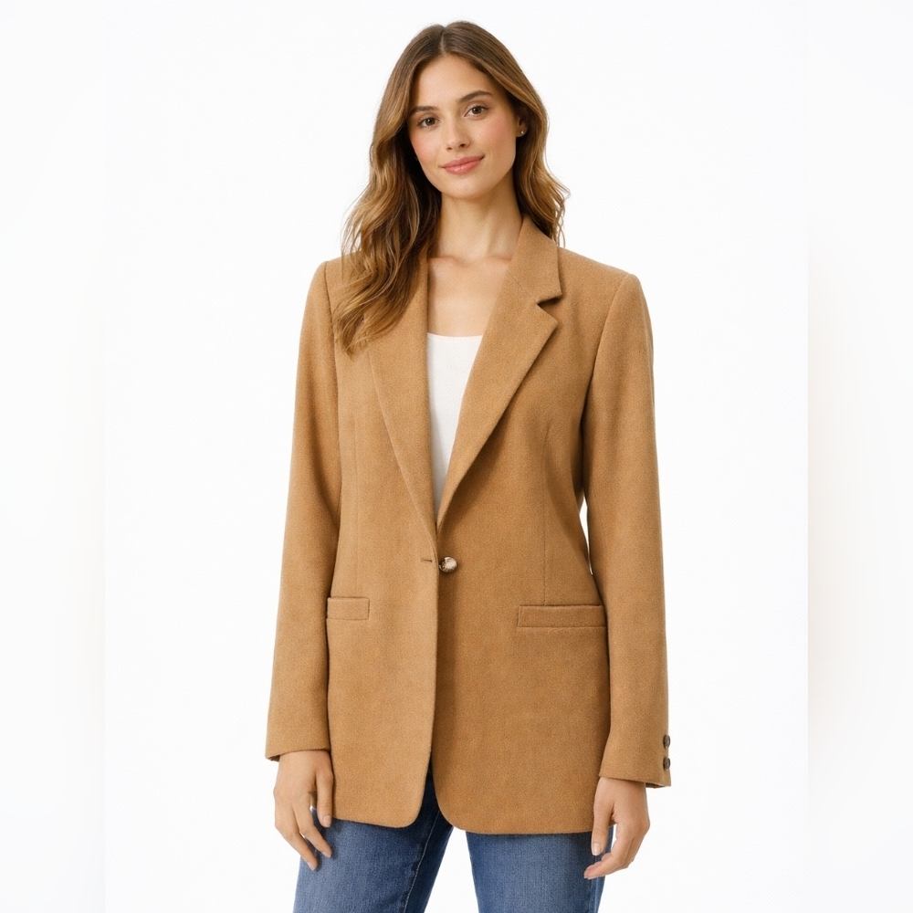 DUMAS Petite Vintage 80's Pure Wool Tan Business casual Blazer Jacket size 8